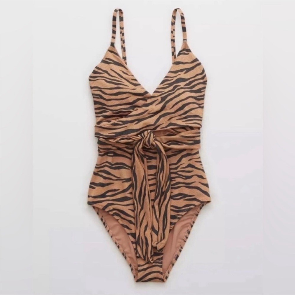 ◾️Aerie Pique Zebra Animal Print Wrap One Piece Swimsuit - Picture 2 of 11